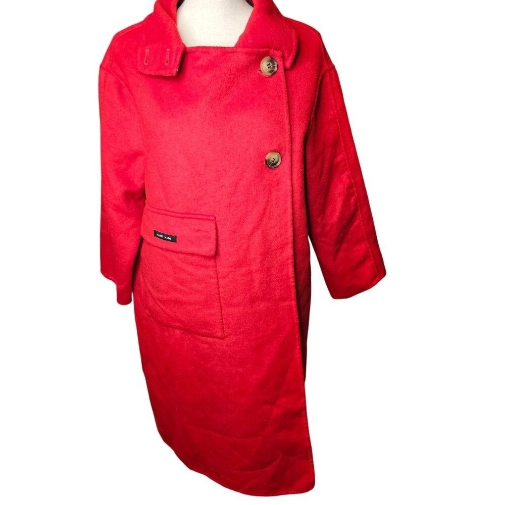 Red Wool Swing Coat Asymmetrical Button Front Long Retro‎